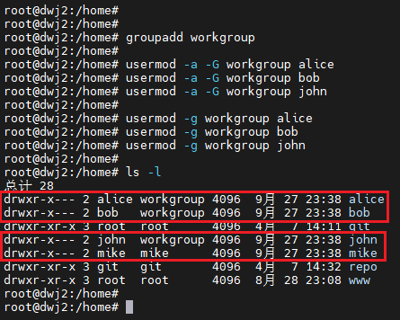 创建用户组 workgroup 并将 alice、bob、john 加入
