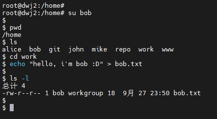 以 bob 用户在 work 下创建 bob.txt 文件